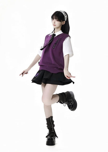 Skort Purple Buckle Strap Design Black  Plaid Patchwork
