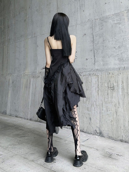 Black Asymmetrical Hem Flounce Trim Glamorous Cami Dress