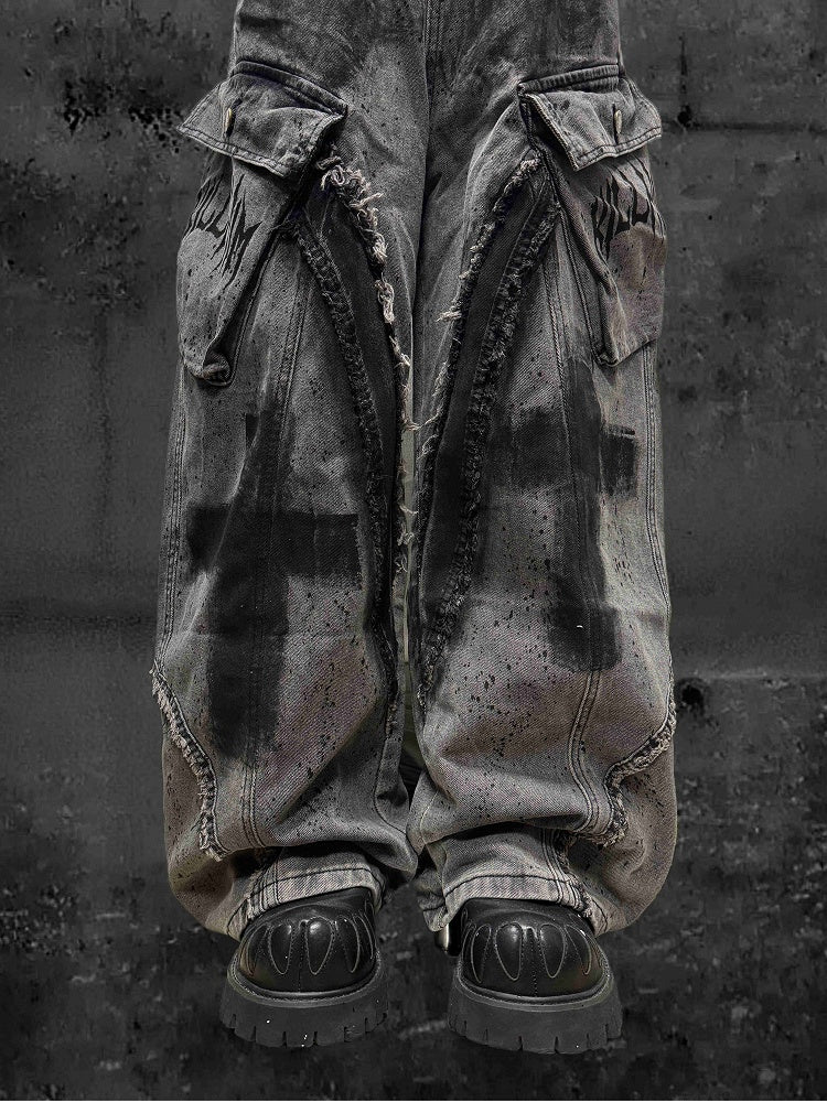 Raw Cross with Wide-Leg Grey Detailing Wasteland Hem Jeans Punk Y2K