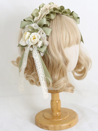 Bead With Bowknot Green Beige Charm Hairclip Floral Lolita Country Lace
