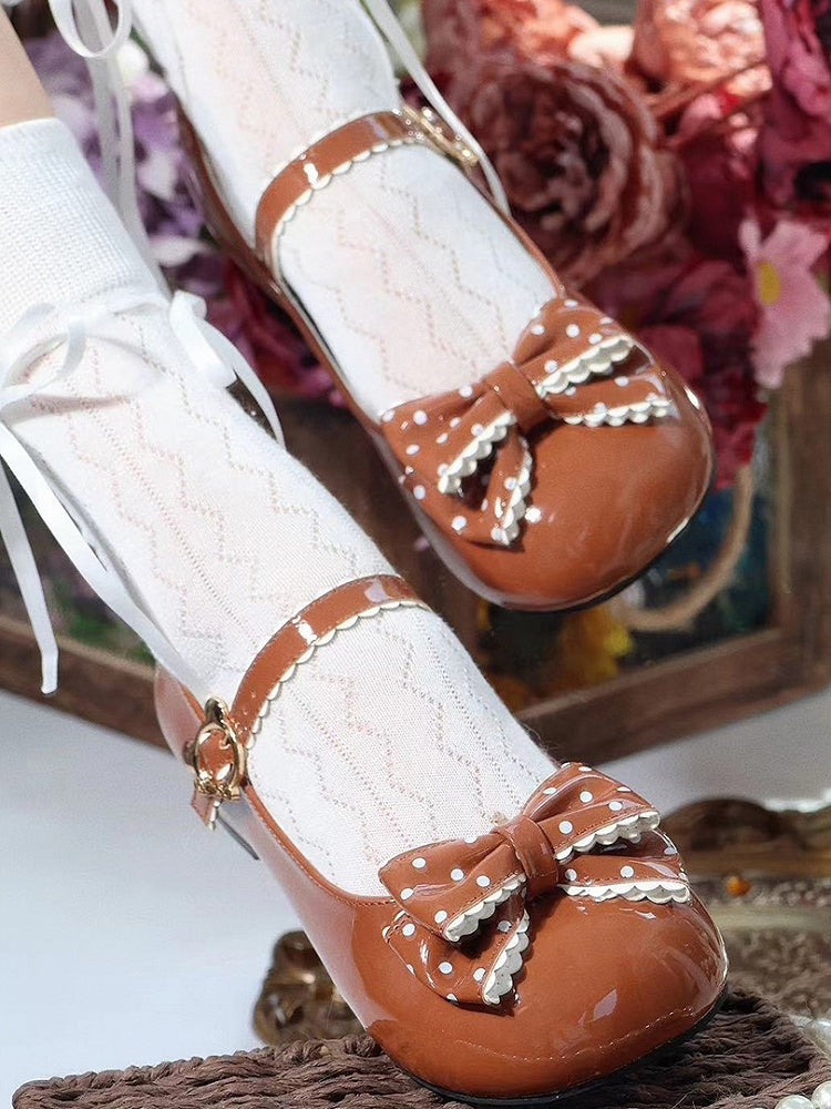 Low Sweet Bow Lolita Polka - Accent Round Heels Dot PU Buckle Bear Toe Brown