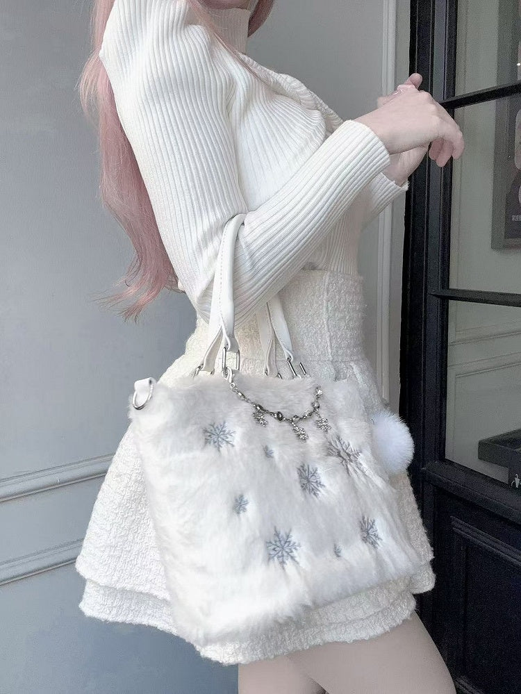 / Rhinestone Chain with Blue Tote Bag Light Beaded Chain Snowflake Embroidery Plush