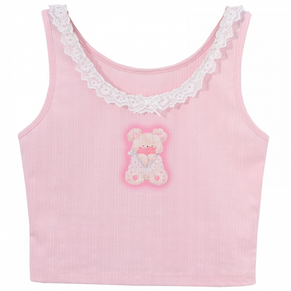 Süßes Tanktop mit rosa Teddybär-Print und Spitzenbesatz