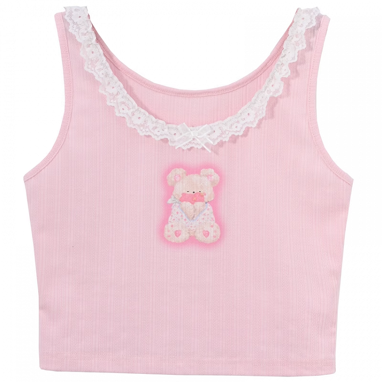 Pink Teddy Bear Print Lace Trim Neckline Sweet Tank Top