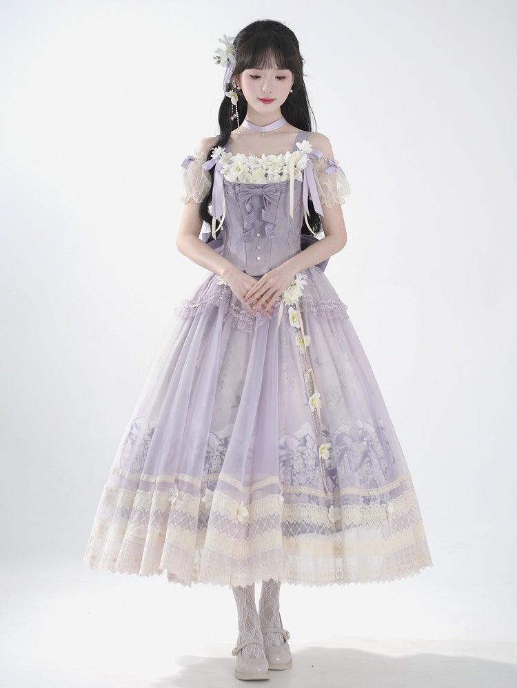 Klassischer Langer Rock Lolita Dekoration + Jasmine Top Print Set Lila Korsett Floral