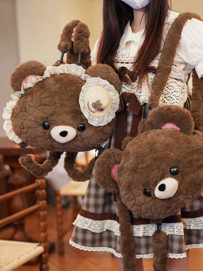 Brown Bear Shaped Lace Plush Backpack