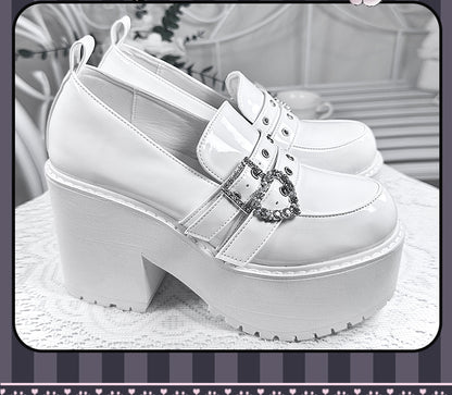 Polished Crystal Heels 10cm Heel - Jirai Kei with Platform Shoes Buckles Chunky White