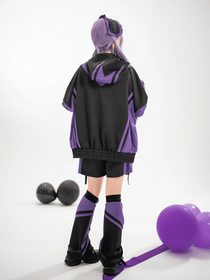 Tech Purple Colorblock Design with Decorative Snaps Landmine Style Baggy Jacket Black and