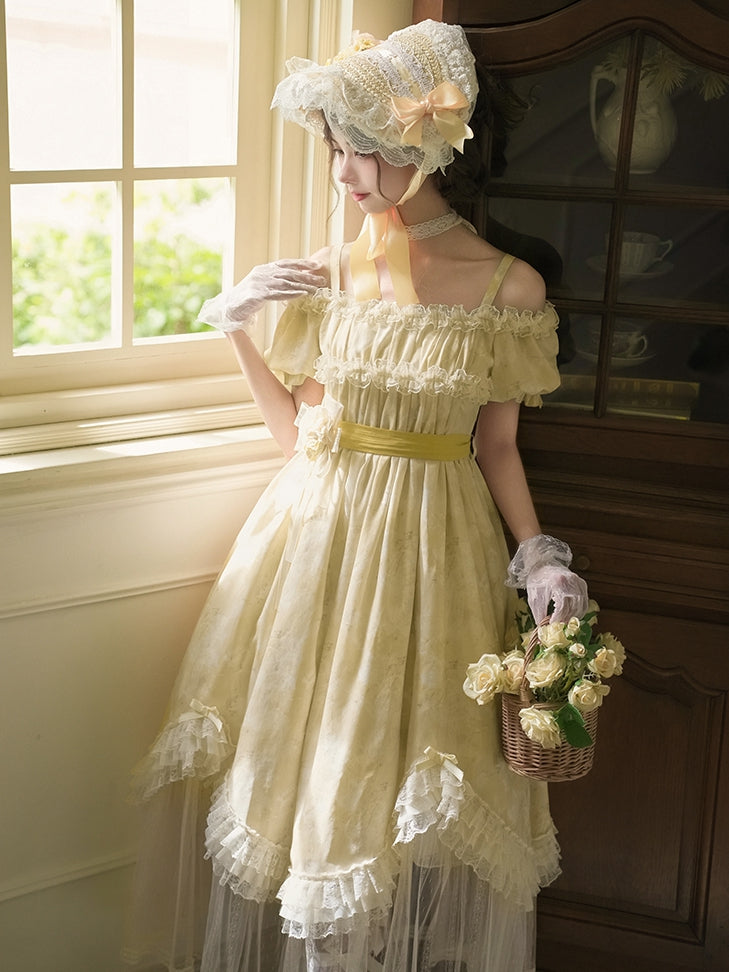 Butterfly Print Light Yellow Off-Shoulder Lolita OP Dress with Detachable Shoulder Straps - With PUJI