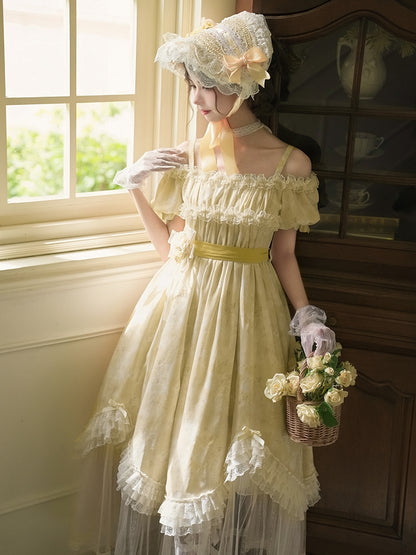 Light Yellow High Waist Mesh Panels Scalloped Edge Hem Dress Lolita OP Full Set - With PUJI