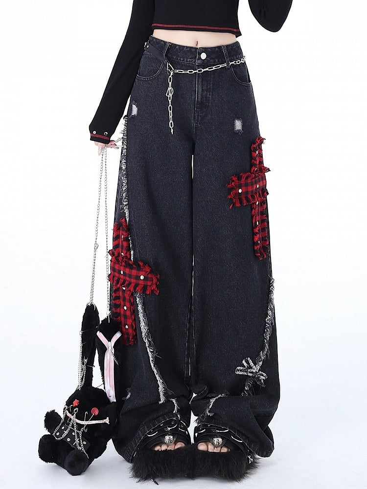 Wide Leg Punk Crosses Distressed Black Holes Plaid Jeans Red