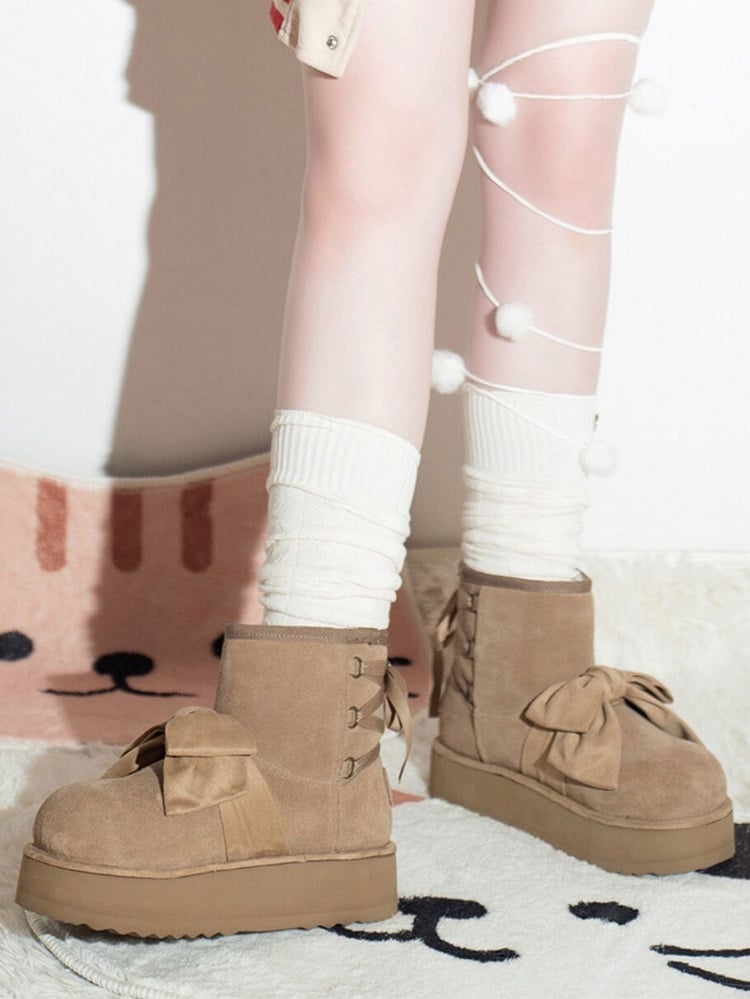 Charming Bow Design with Back Tie Closure Khaki Winter Boots in Sweet Lolita