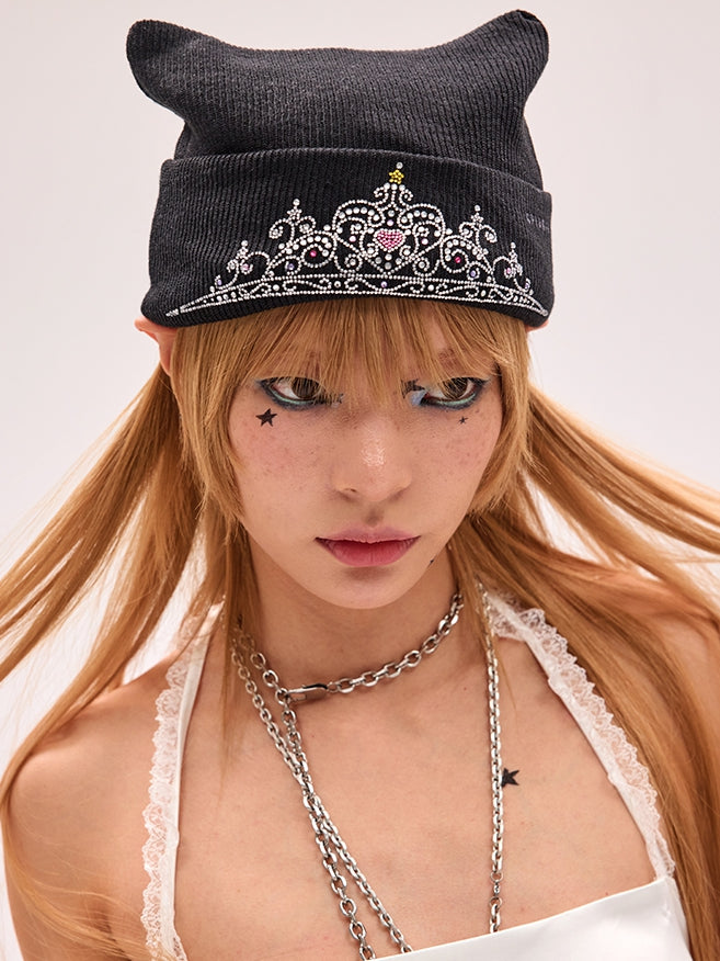 Y2K Knitted Beanie Crown Rhinestone Black