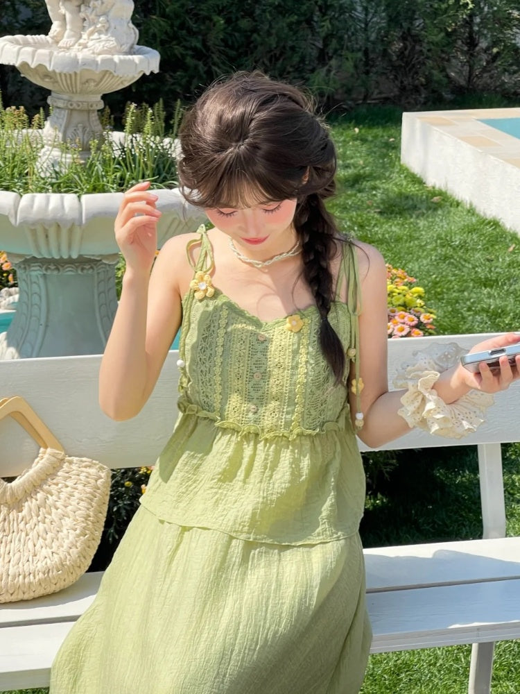 Mori Kei Green Knitted Floral Accents Cami Top