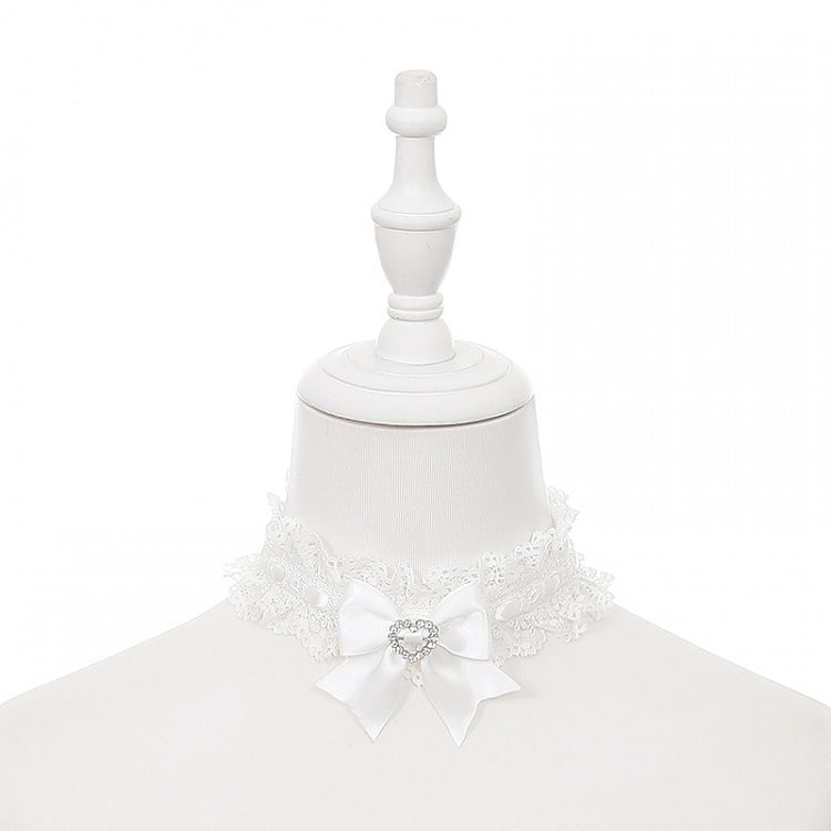 Heart with White Rhinestone Lace Choker Bow