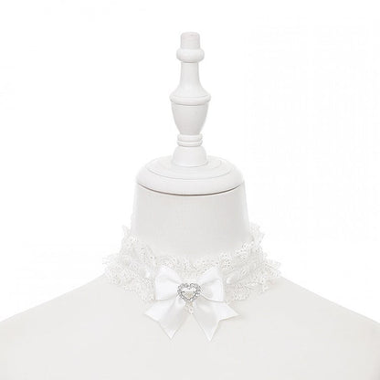 Heart with White Rhinestone Lace Choker Bow