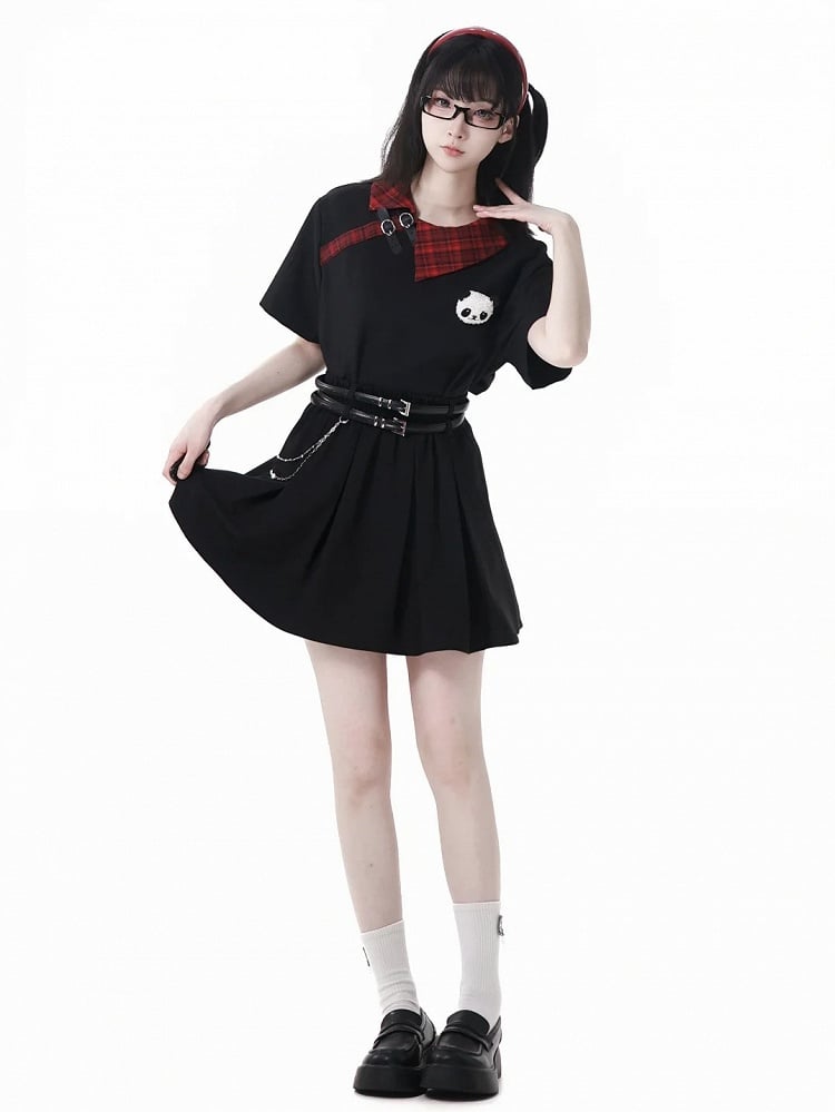 T-Shirt mit Panda-Trägern Plüschtier Rot karierter Kragen Schwarze Schnalle