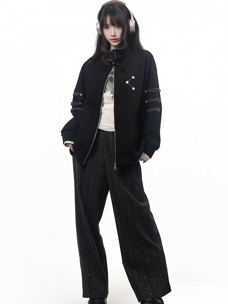 Buckle-Strapped Straight Trousers with Glittering Star Stripe Motif in Black - PINK SAVIOR