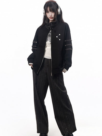 Star-Studded Zip Jacket with Buckle Straps and Stand Collar in Black - PINK SAVIOR
