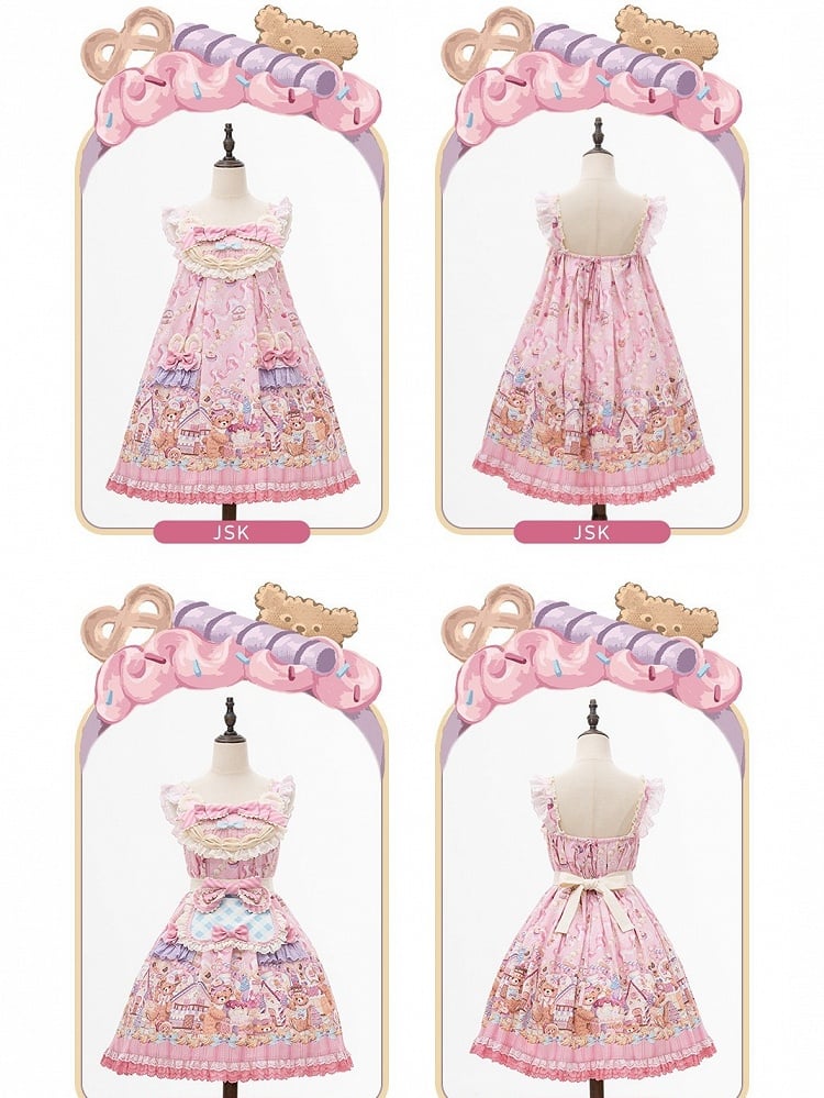 Kawaii Puff Sleeves Lolita JSK Dress with Bear Cake Theme Floral Print - Mewroco