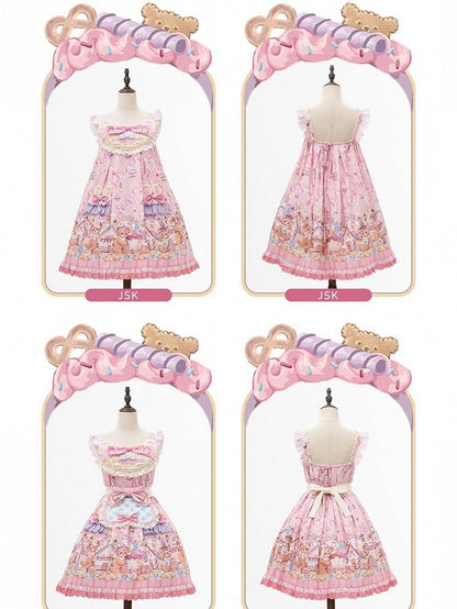 Kawaii Puff Sleeves Lolita JSK Dress with Bear Cake Theme Floral Print - Mewroco