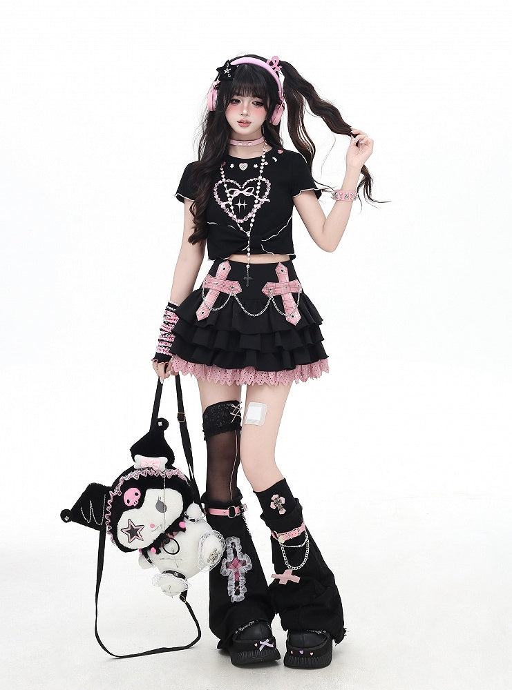 Trim Appliques Plaid Cross Lace Skirt Decorated Tiered Pink/Red Chains