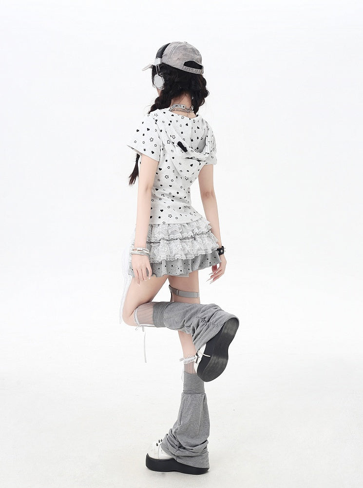 Weiß/Schwarze Y2K-Jacke mit Stern- und Herz-Print und Reißverschluss und Kapuze mit Katzenohren