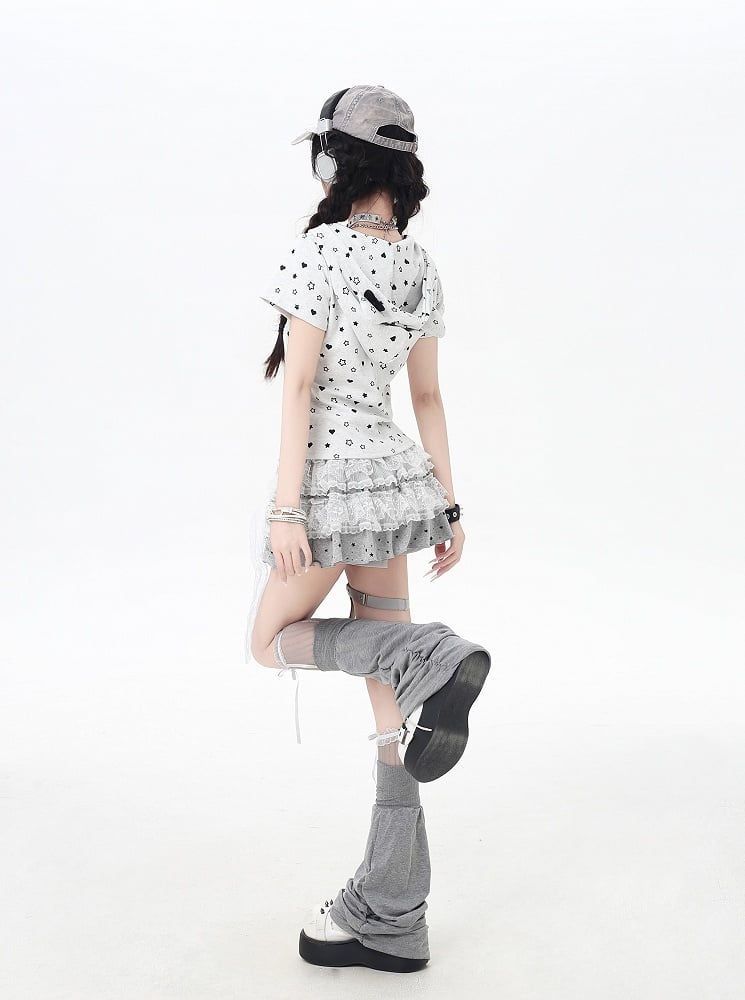Rock Grau/Schwarz Elastische Taille Stern Applikationen Spitze Trim Tiered Strick Licht