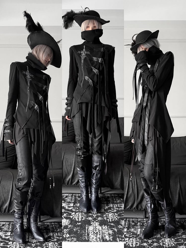 Top Print Stacked Sword PU Gothic Asymmetrical Decorated - Buckle Strap Black Collar