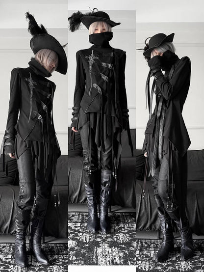 Top Print Stacked Sword PU Gothic Asymmetrical Decorated - Buckle Strap Black Collar