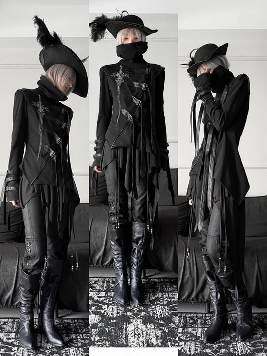 Top Print Stacked Sword PU Gothic Asymmetrical Decorated - Buckle Strap Black Collar