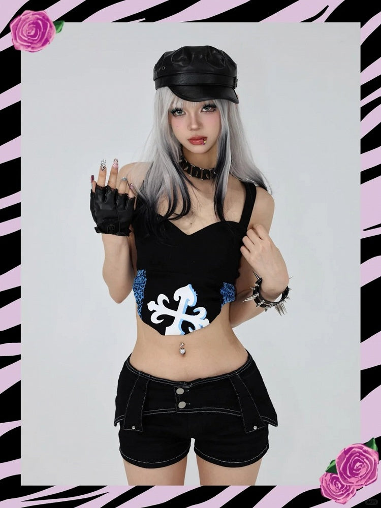 Trägerloses Top Schwarz Glamorous Gyaru Blaue Leoparden Patches Y2K