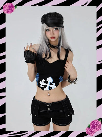 Strapless Top Black Glamorous Gyaru Blue Leopard Patches Y2K