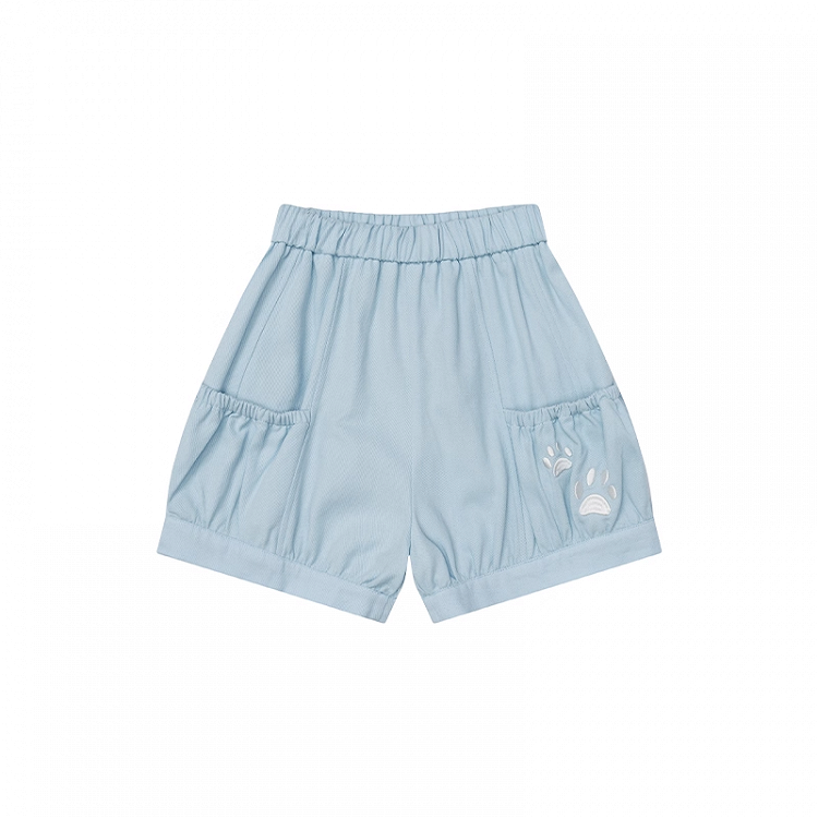 Elastic Waist Shorts Paw Embroidery Pink/Blue/Black Kitty