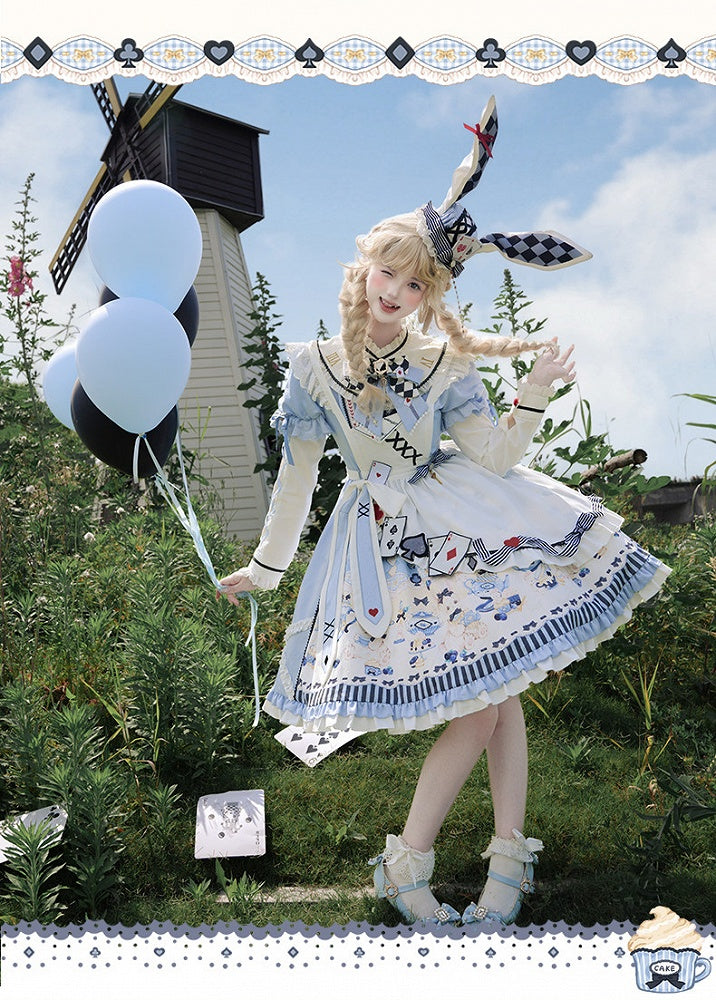 Sweet Lolita Apron Dress OP Full Set with Bunny & Teapot Print in Blue - Ying Luo Fu