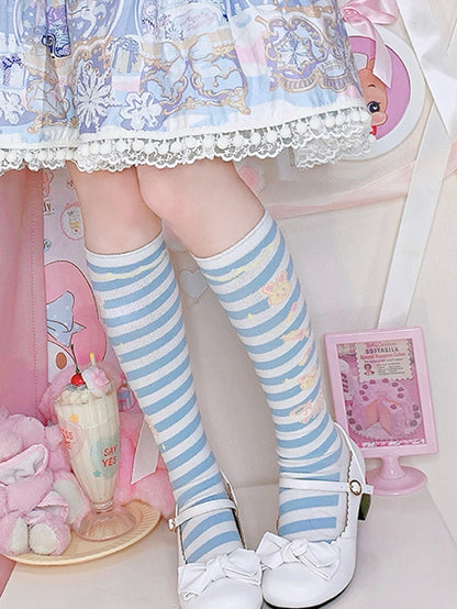Bunny Print Sweet Lolita Underknee Striped Stockings