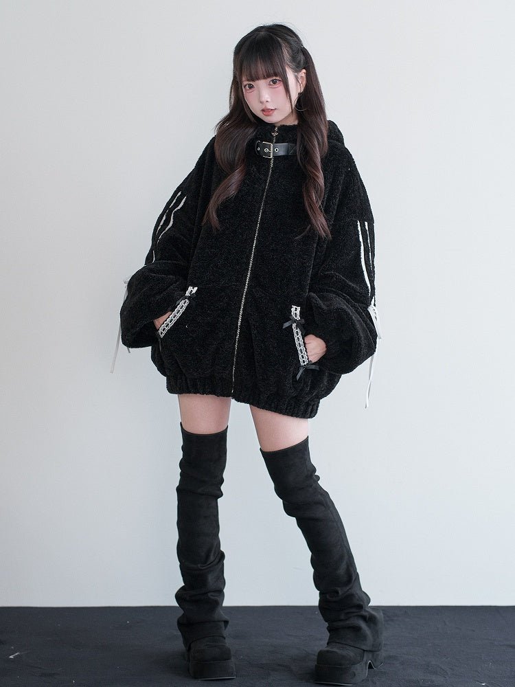 Hooded Black Fleece Ear Decor Buckle Leather Kei Bunny Coat Bow Jirai