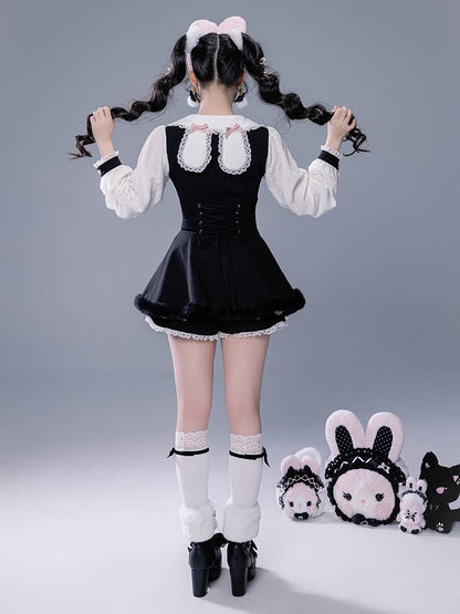 Full Shorts Black Pink Bunny Matching Cape Set Kei Brooch Dress Ear Jirai Bow + Lace Plush