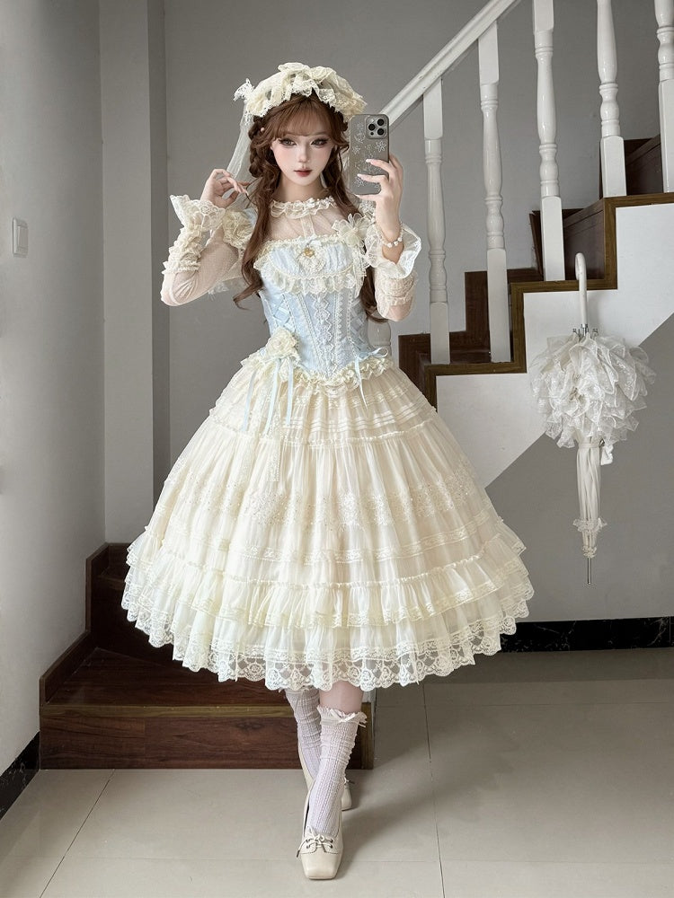 Princess Top & Skirt Set with Lace, Floral, Blue & White Sweet Lolita - Twilight Flower Letter