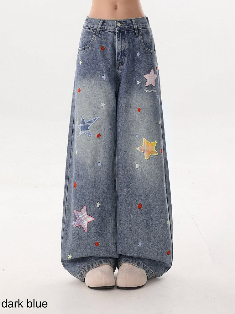 5-Color Casual Distressed Straight Jeans with Star Embroidery Decoration - Rayohopp