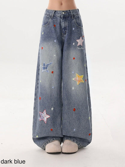 5-Color Casual Distressed Straight Jeans with Star Embroidery Decoration - Rayohopp