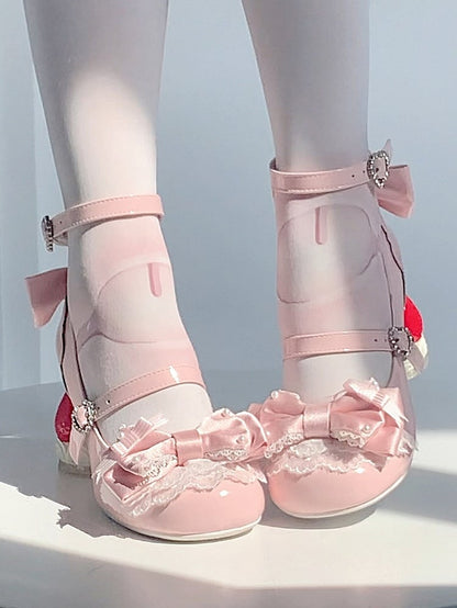 Beaded Pink PU Janes Bows with Sweet Heel Heart Mary - Cake Crystal Strawberry Lolita Snap