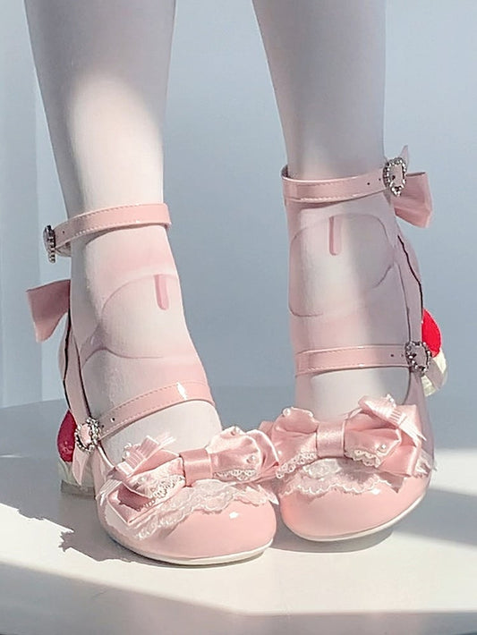 Beaded Pink PU Janes Bows with Sweet Heel Heart Mary - Cake Crystal Strawberry Lolita Snap
