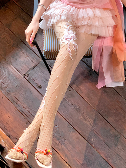 Fishnet Embroidery Floral Tights
