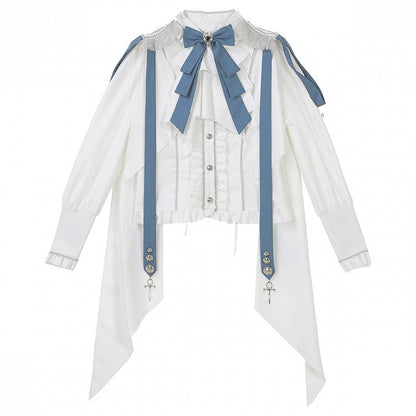 Weißes und blaues Militär-Lolita-Outfit, langärmliges Oberteil, hoch taillierter Rock
