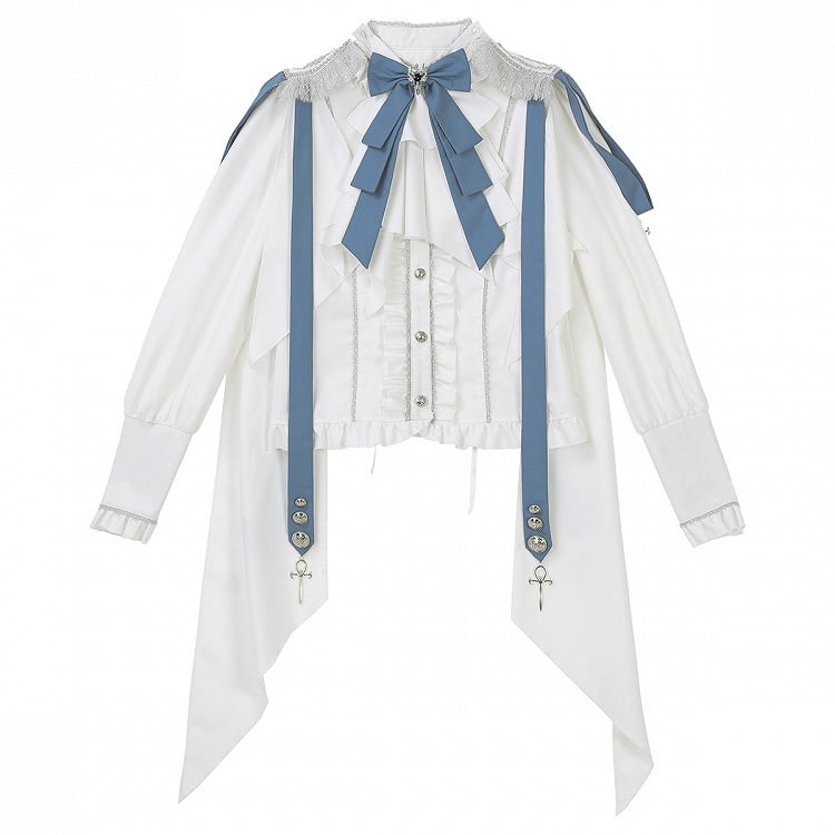 Weiß-blaues Militär-Lolita-Outfit, langärmliges Oberteil + Korsettgürtel, hoch taillierter Rock