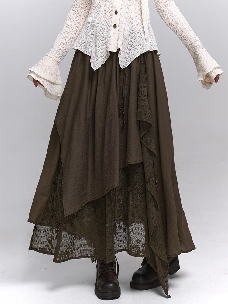 Floral Millard Embroidery Asymmetric Skirt with Elastic Hem Maxi Coffee Waist Dark Punk Wasteland