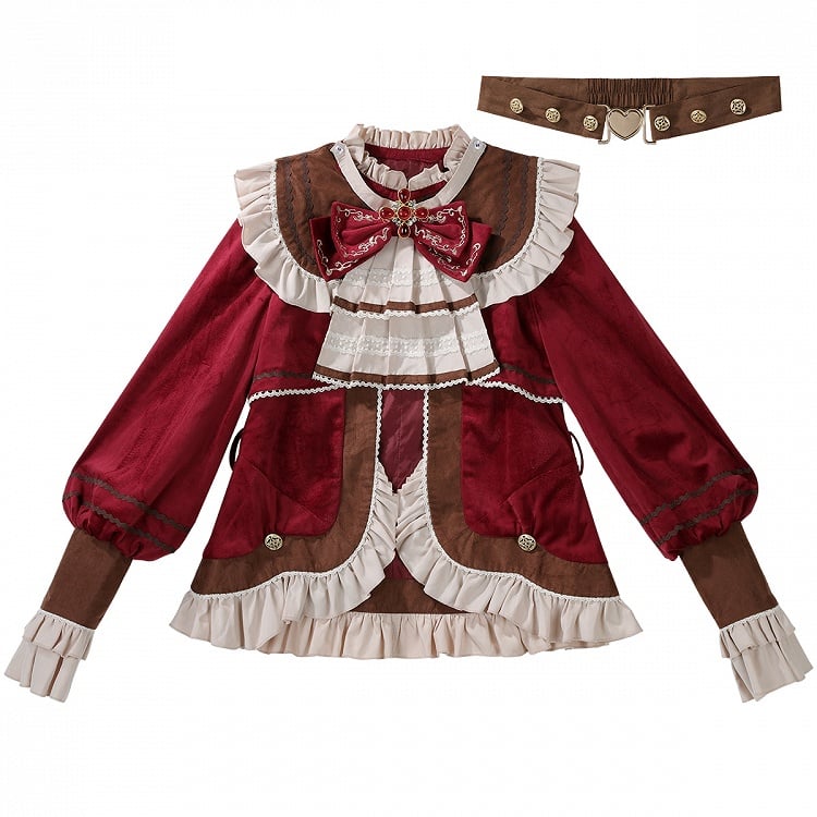 Pieces Set-Beige Ouji Aristocrat Lolita Waist Fashion Red Shirt+Coat+High Christmas Three Shorts