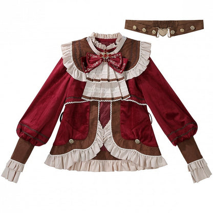 Pieces Set-Beige Ouji Aristocrat Lolita Waist Fashion Red Shirt+Coat+High Christmas Three Shorts