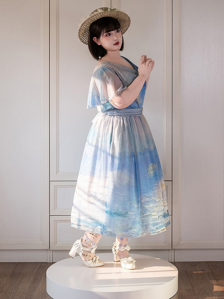 Blue Ocean Oil Painting Print Butterfly Sleeves Elegant Lolita Maxi Dress with Cowl Neckline
